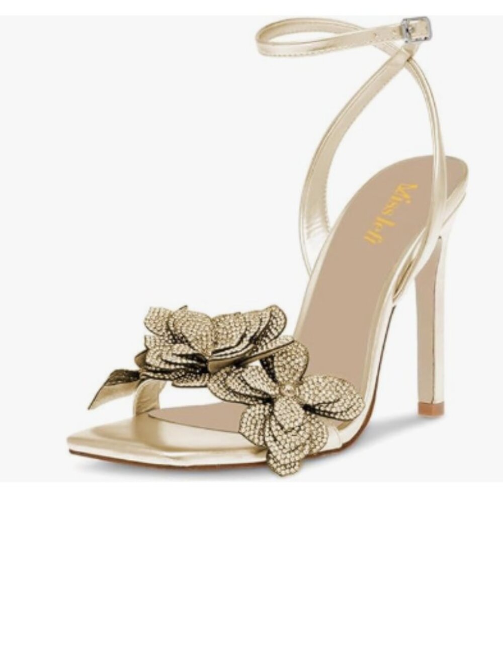 miss left Pale Gold Rhinestones Stiletto Heel Sandals with Strap Buckle Shoes